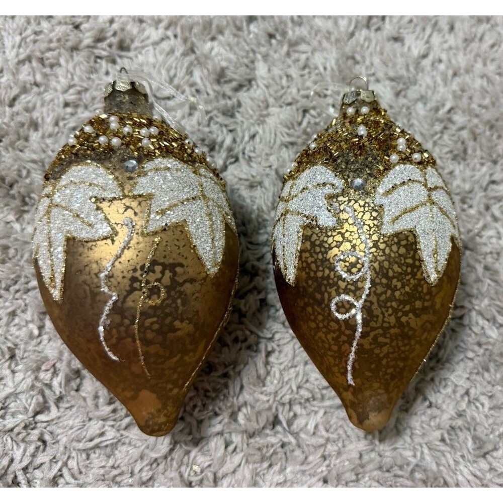 Vintage Embellished Hand Painted Gold Glass Ornament X 2  6.5” Large